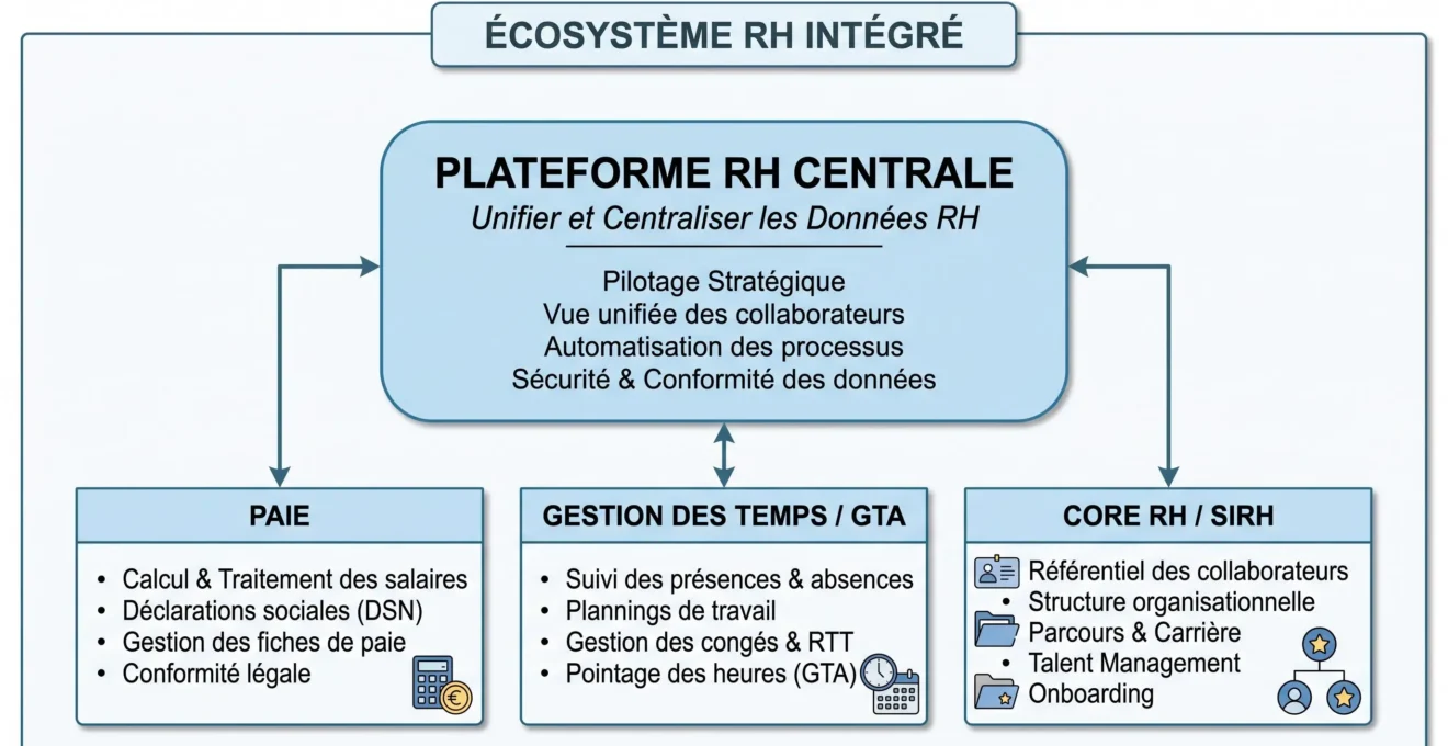 Schéma de centralisation de la paie, de la gestion des temps et du SIRH